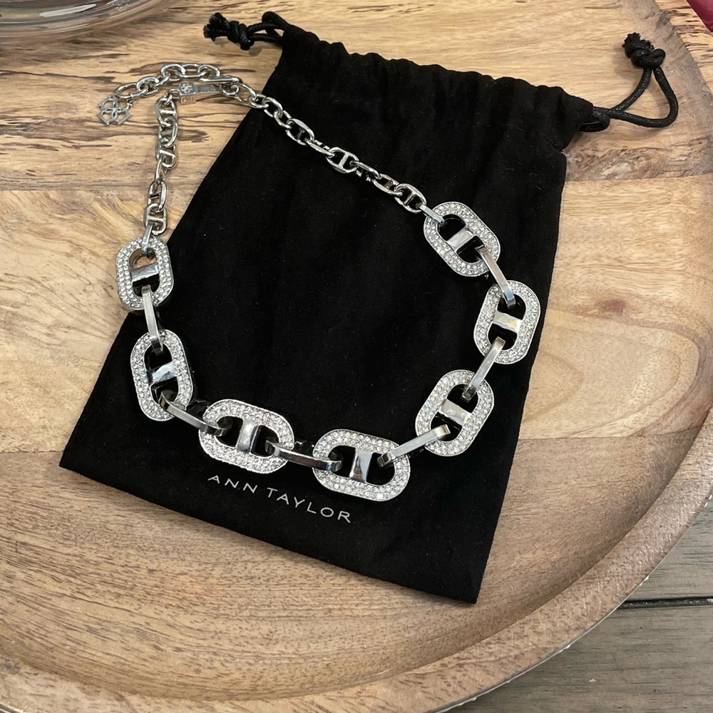 Ann Taylor Silver Chain Statement Necklace with Crystals
